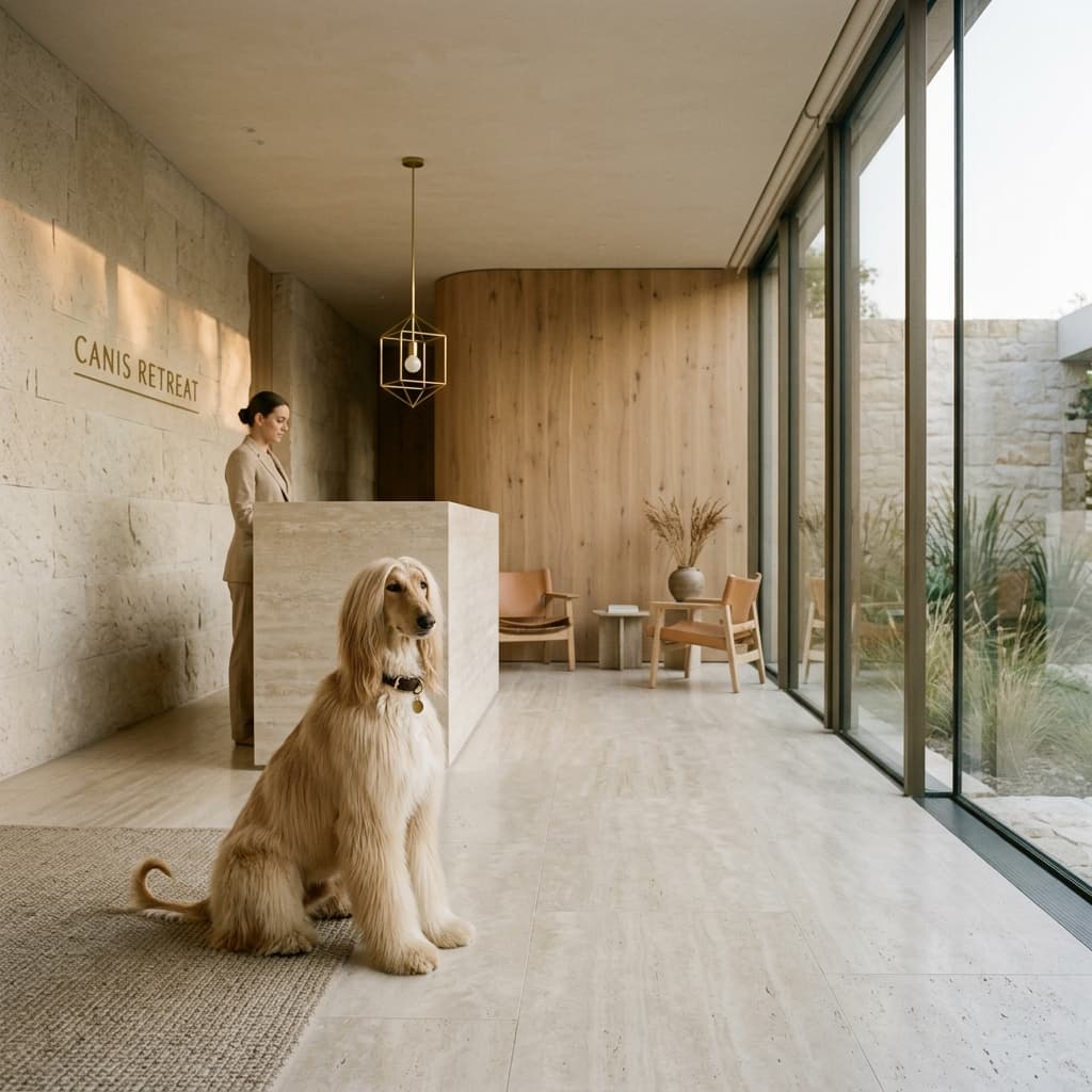A well-behaved afghan hound sitting elegantly in our warm, architectural reception area.