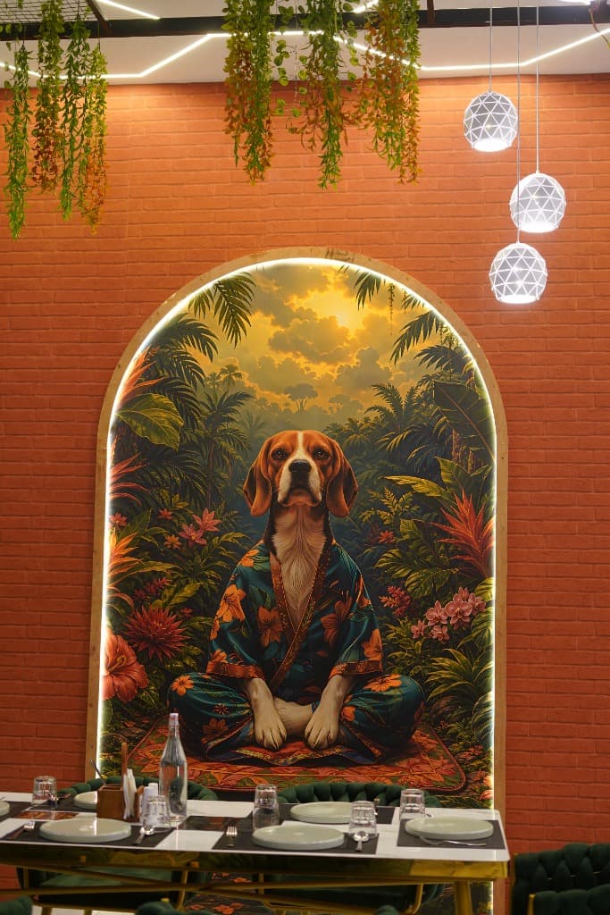 Placeholder: Vertical, beautifully composed editorial photograph of a family and their golden retriever sharing a quiet, serene moment on a manicured green lawn.