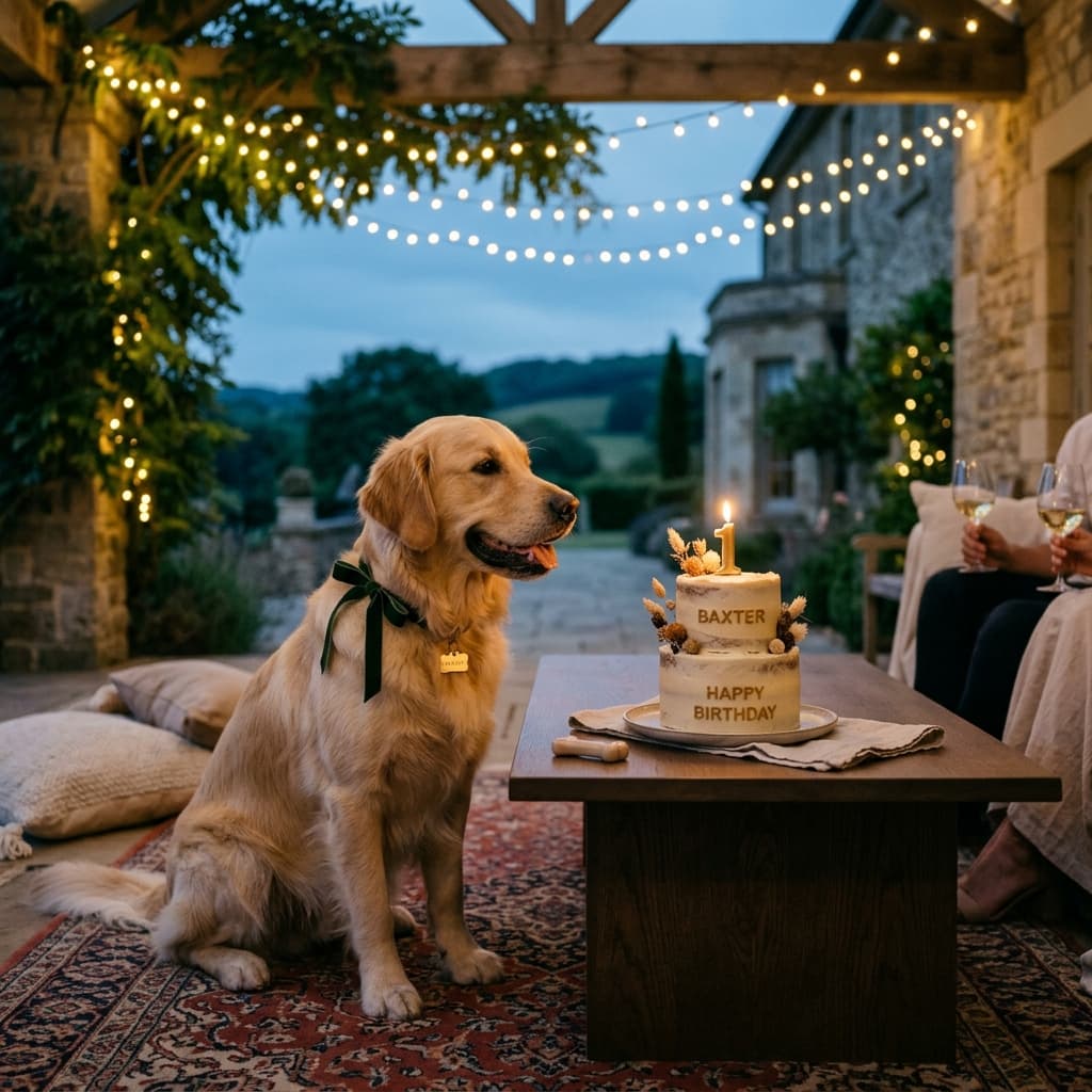 A beautiful golden retriever looking happily at a custom dog-safe birthday cake on a low table, warm string lights above.